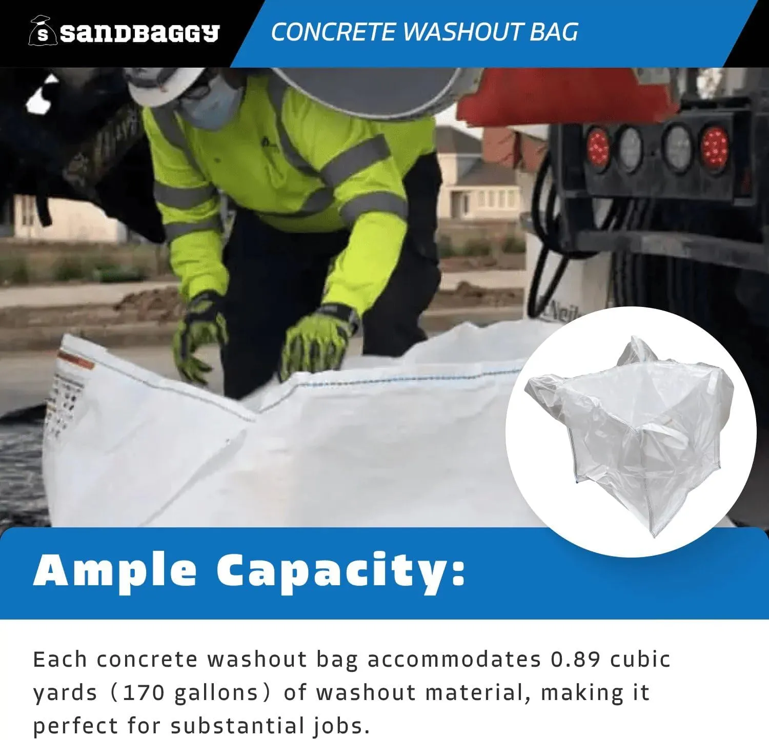 Sandbaggy 170 Gal. Concrete Washout Bag w/Plastic Liner - UV Protected (35" x 35" x 30") - 3000 lb Weight Capacity (200)