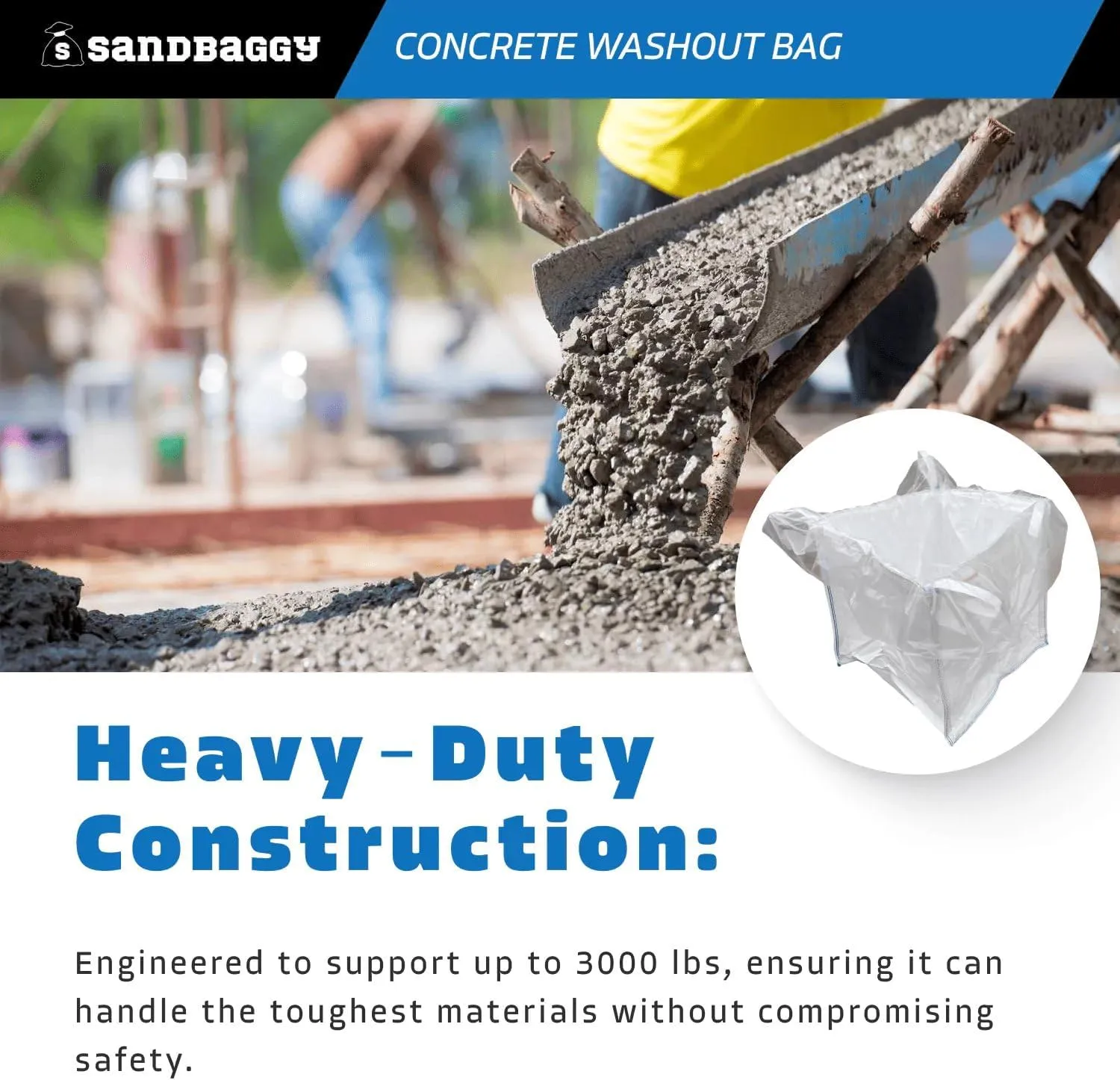 Sandbaggy 170 Gal. Concrete Washout Bag w/Plastic Liner - UV Protected (35" x 35" x 30") - 3000 lb Weight Capacity (200)