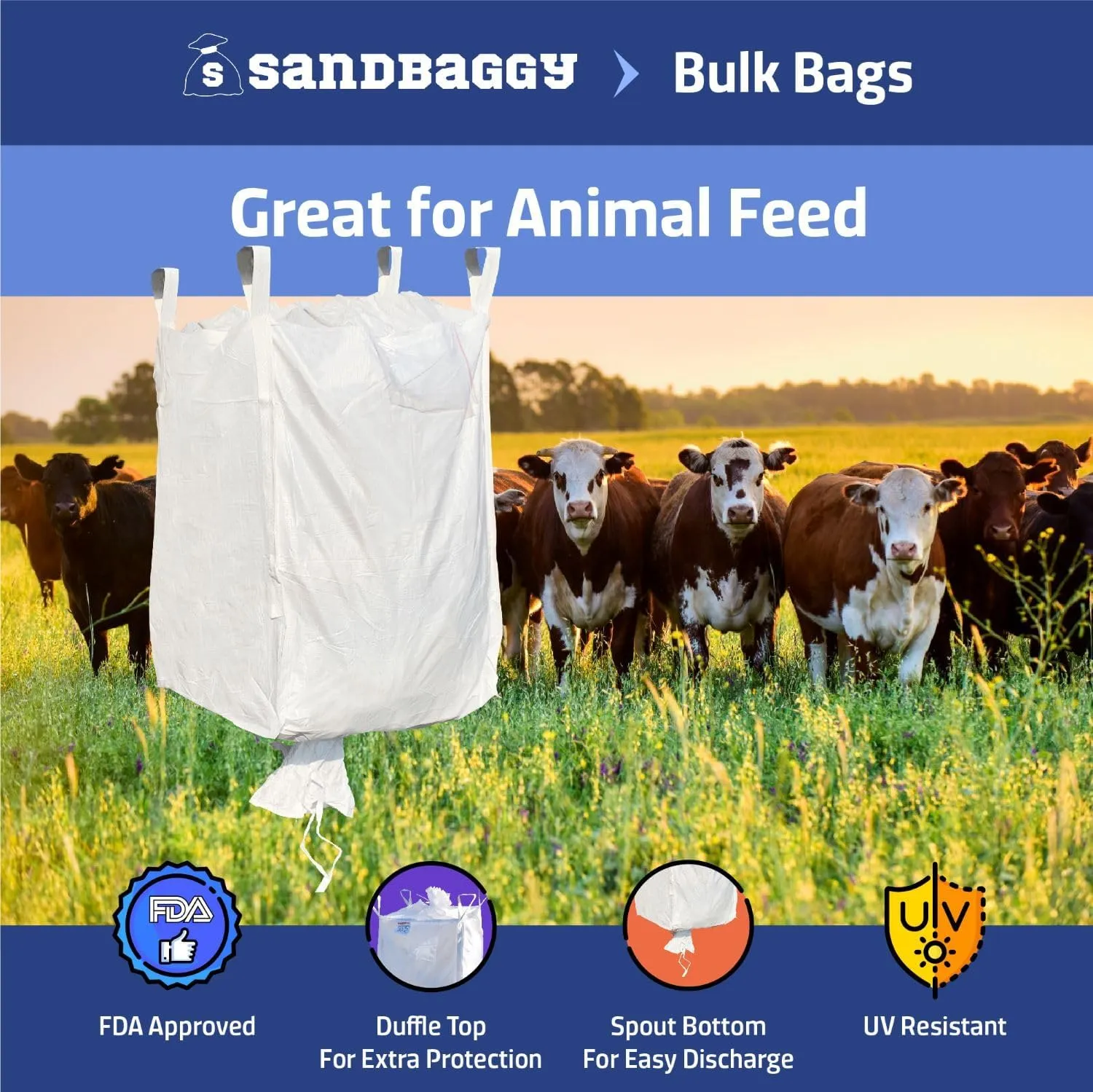 Sandbaggy FIBC Bulk Bag | 35" L x 35" W x 50 Inch Height | Extra Large Sandbags | Industrial Grade Bag Holds Up to 3000 LBS or 45 Cubic Ft. | FDA Compliant | UV Protected (Pack of 50)