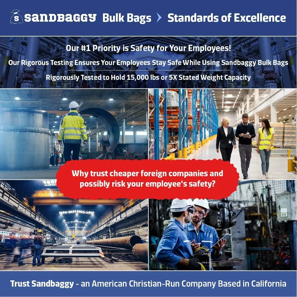 Sandbaggy FIBC Bulk Bag | 35" L x 35" W x 50 Inch Height | Extra Large Sandbags | Industrial Grade Bag Holds Up to 3000 LBS or 45 Cubic Ft. | FDA Compliant | UV Protected (Pack of 50)