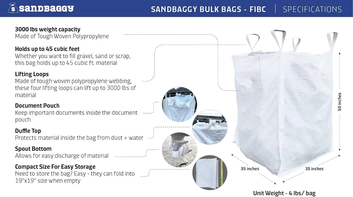 Sandbaggy FIBC Bulk Bag | 35" L x 35" W x 50 Inch Height | Extra Large Sandbags | Industrial Grade Bag Holds Up to 3000 LBS or 45 Cubic Ft. | FDA Compliant | UV Protected (Pack of 50)