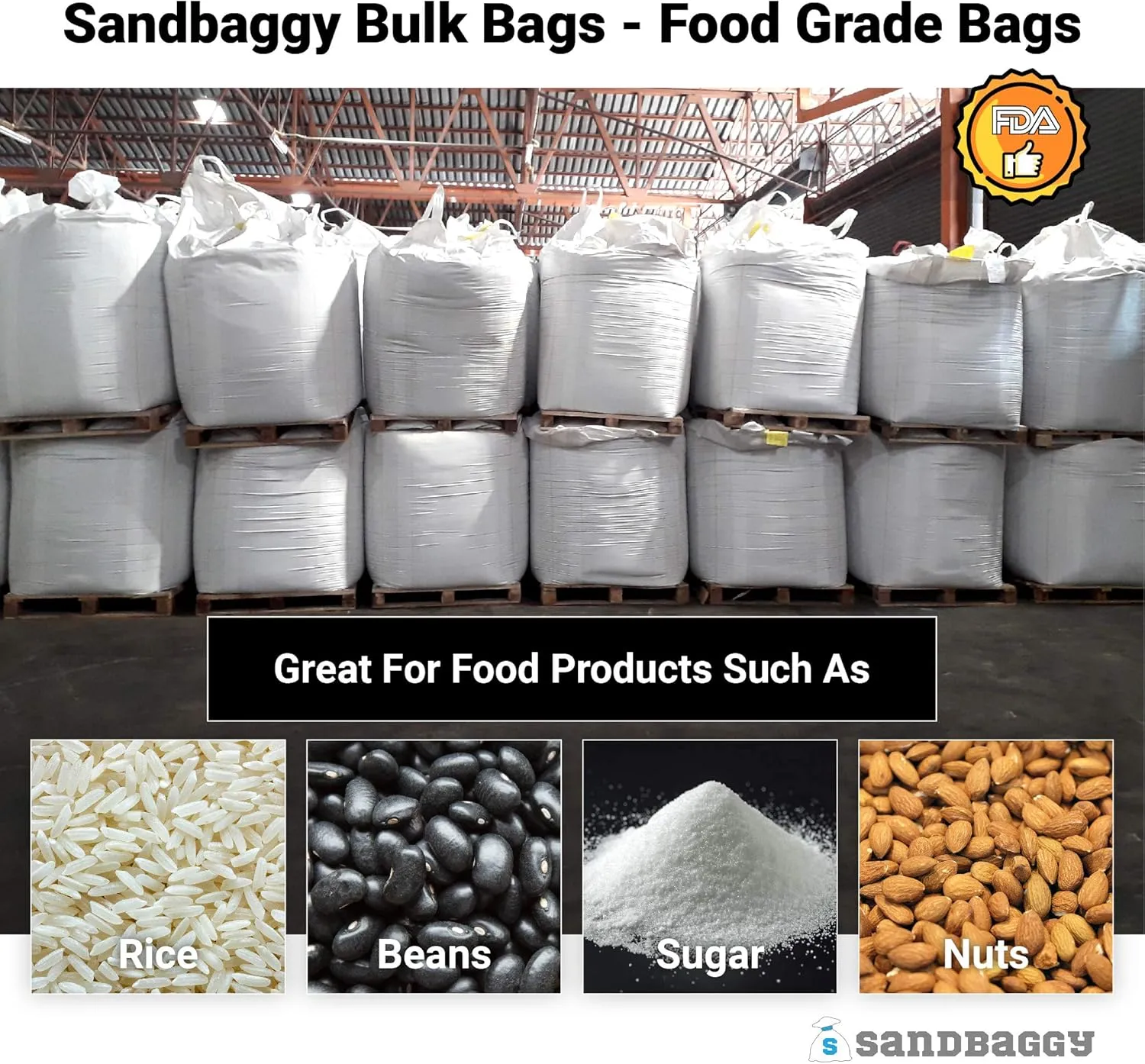 Sandbaggy FIBC Bulk Bag | 35" L x 35" W x 50 Inch Height | Extra Large Sandbags | Industrial Grade Bag Holds Up to 3000 LBS or 45 Cubic Ft. | FDA Compliant | UV Protected (Pack of 50)