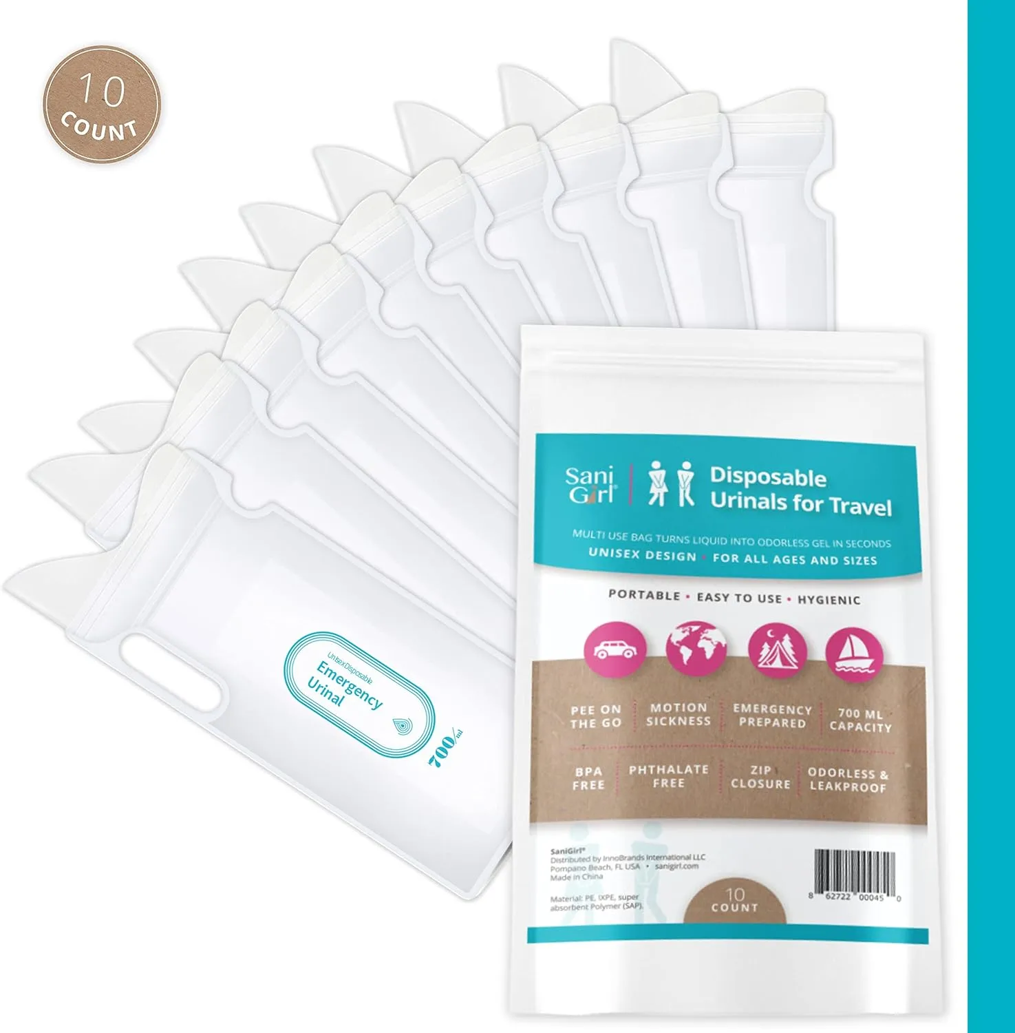 SaniGirl Disposable Urinals | Portable Pee Bags | Travel Urinal for Women Kids Adults Sanitary Emergency Urinal and Motion Sickness Bag Road Trips Travel Essentials (Pack of 10)…
