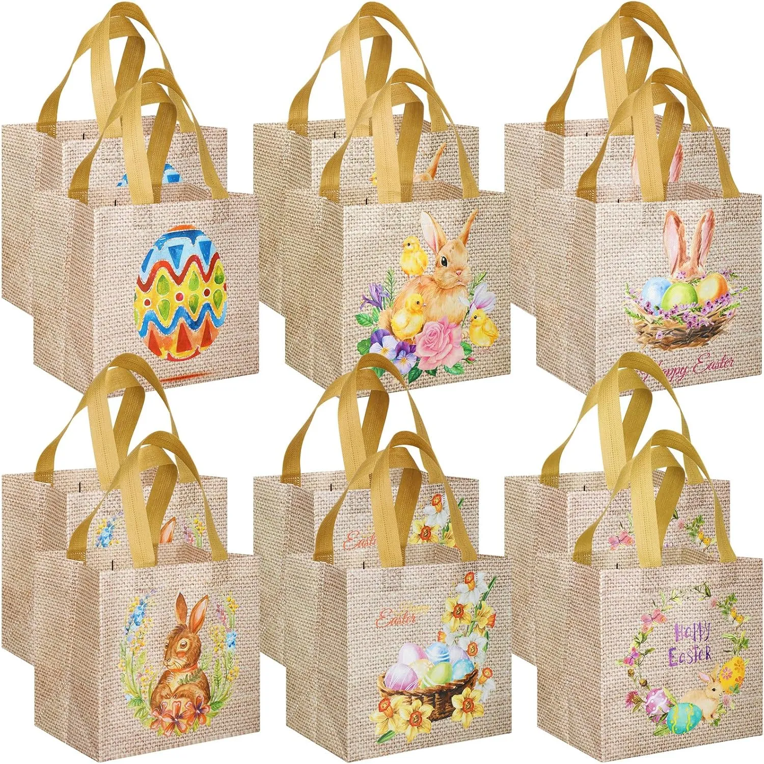 Sanwuta 12 Pcs Easter Gift Bags Easter Reusable Treat Non Woven Baskets Bunny Tote Bags with Handle for Goodie Hunt