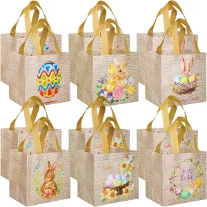 Sanwuta 12 Pcs Easter Gift Bags Easter Reusable Treat Non Woven Baskets Bunny Tote Bags with Handle for Goodie Hunt