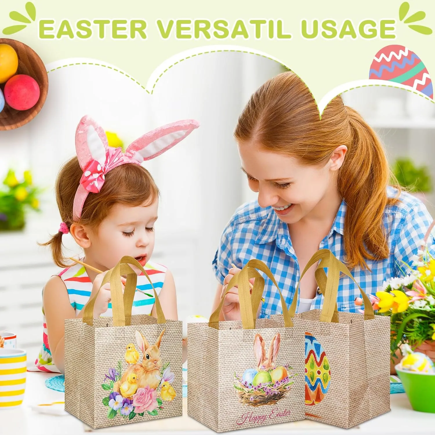 Sanwuta 12 Pcs Easter Gift Bags Easter Reusable Treat Non Woven Baskets Bunny Tote Bags with Handle for Goodie Hunt