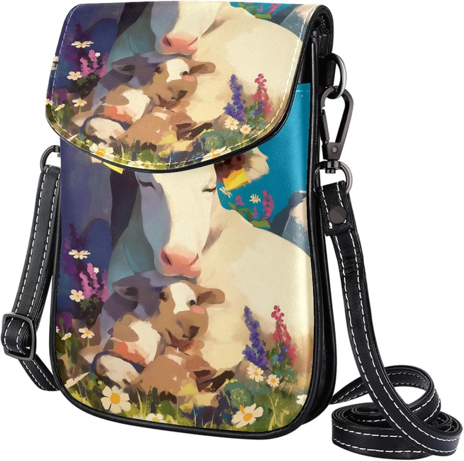Satchel Bag Cow And Calf Flowers Purse Crossbody Leather Messenger Bag For Women