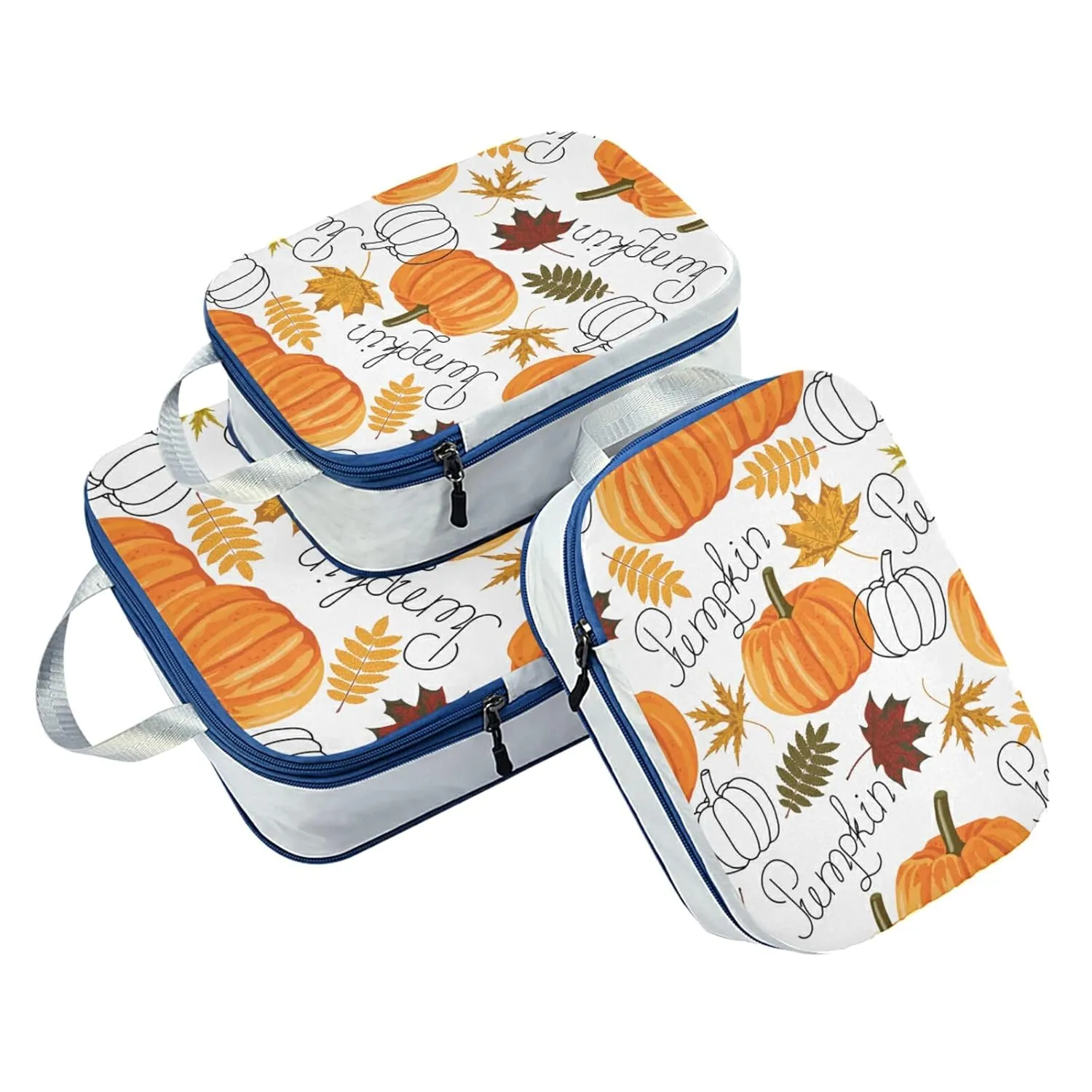 Seamless Autumn Leaves, Orange Pumpkins, Draft Pumpkins 3 Piece set Cubes Expandable Adjustable Luggage Packing Bags, Ultralight Organizer Accessories Travel Suitcase Compressible Bags