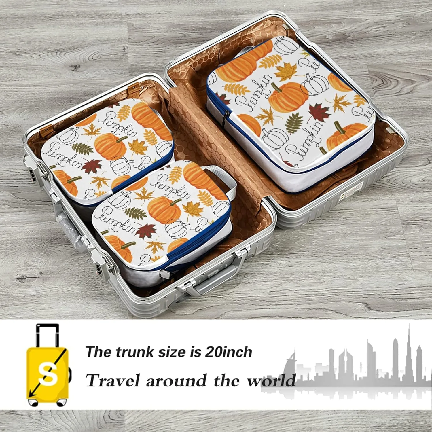 Seamless Autumn Leaves, Orange Pumpkins, Draft Pumpkins 3 Piece set Cubes Expandable Adjustable Luggage Packing Bags, Ultralight Organizer Accessories Travel Suitcase Compressible Bags