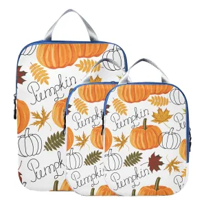 Seamless Autumn Leaves, Orange Pumpkins, Draft Pumpkins 3 Piece set Cubes Expandable Adjustable Luggage Packing Bags, Ultralight Organizer Accessories Travel Suitcase Compressible Bags