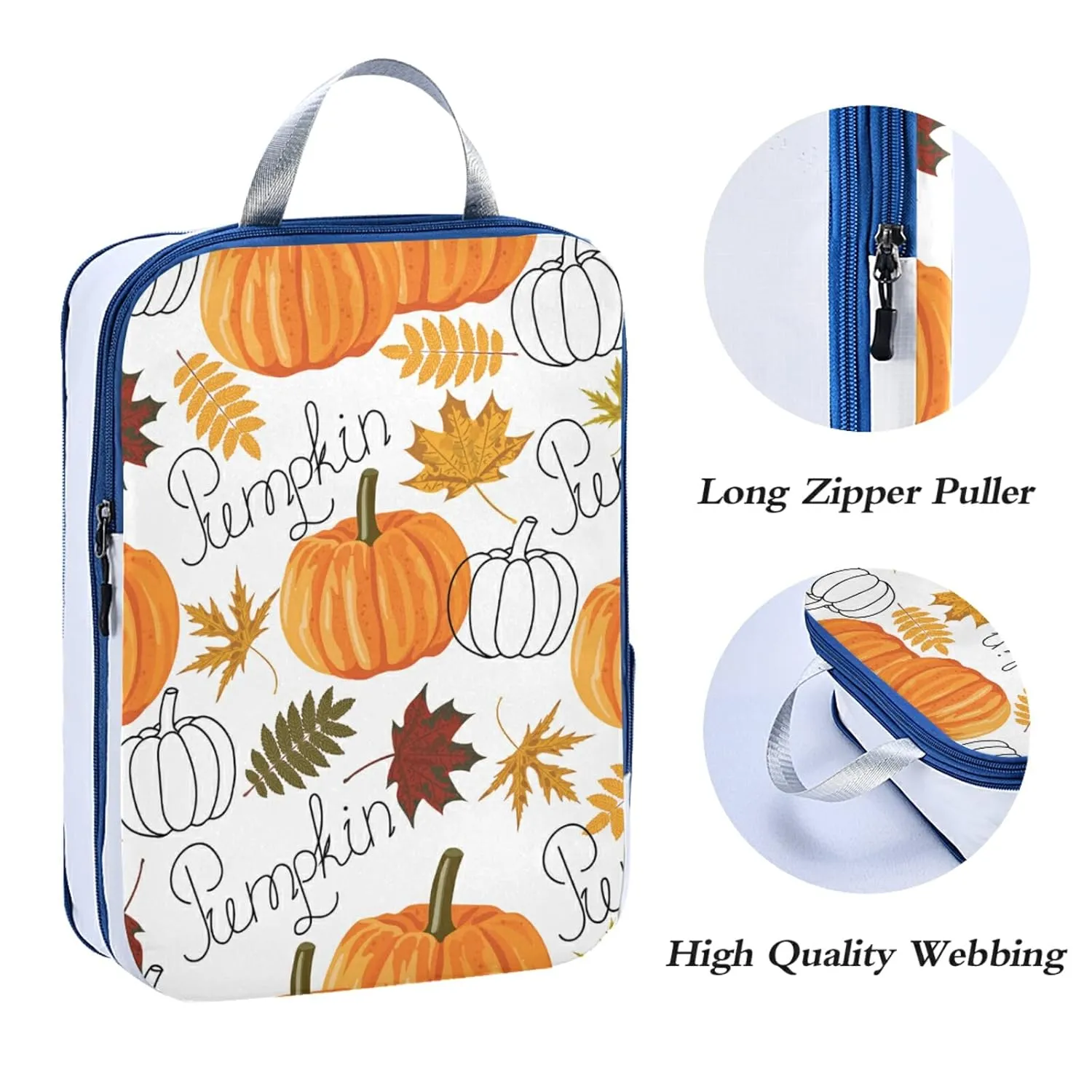 Seamless Autumn Leaves, Orange Pumpkins, Draft Pumpkins 3 Piece set Cubes Expandable Adjustable Luggage Packing Bags, Ultralight Organizer Accessories Travel Suitcase Compressible Bags