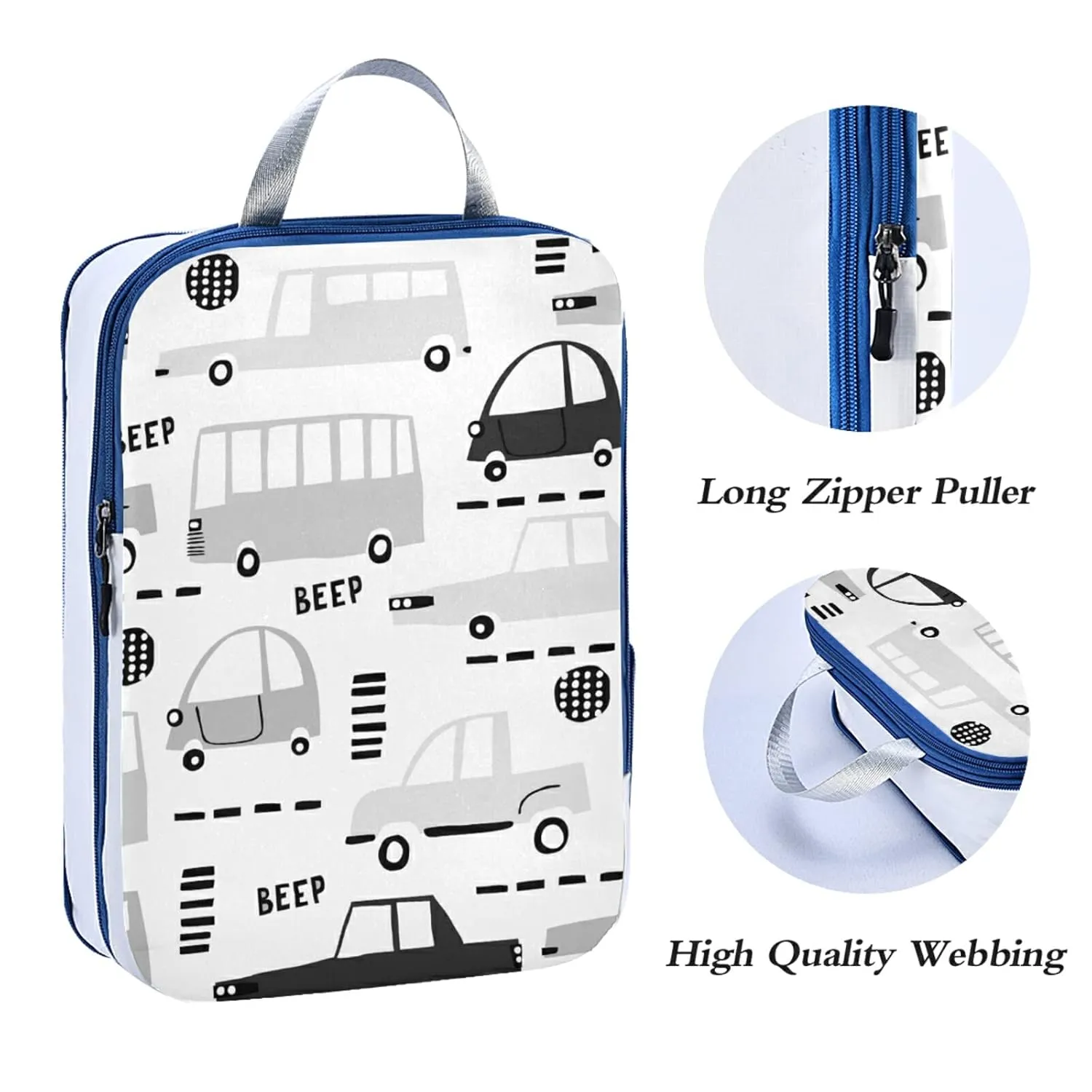 Seamless Black Cartoon Cars, Road Hatches, Zebra Crossing on White 3 Piece set Cubes Expandable Adjustable Luggage Packing Bags, Ultralight Organizer Accessories Travel Suitcase Compressible Bags