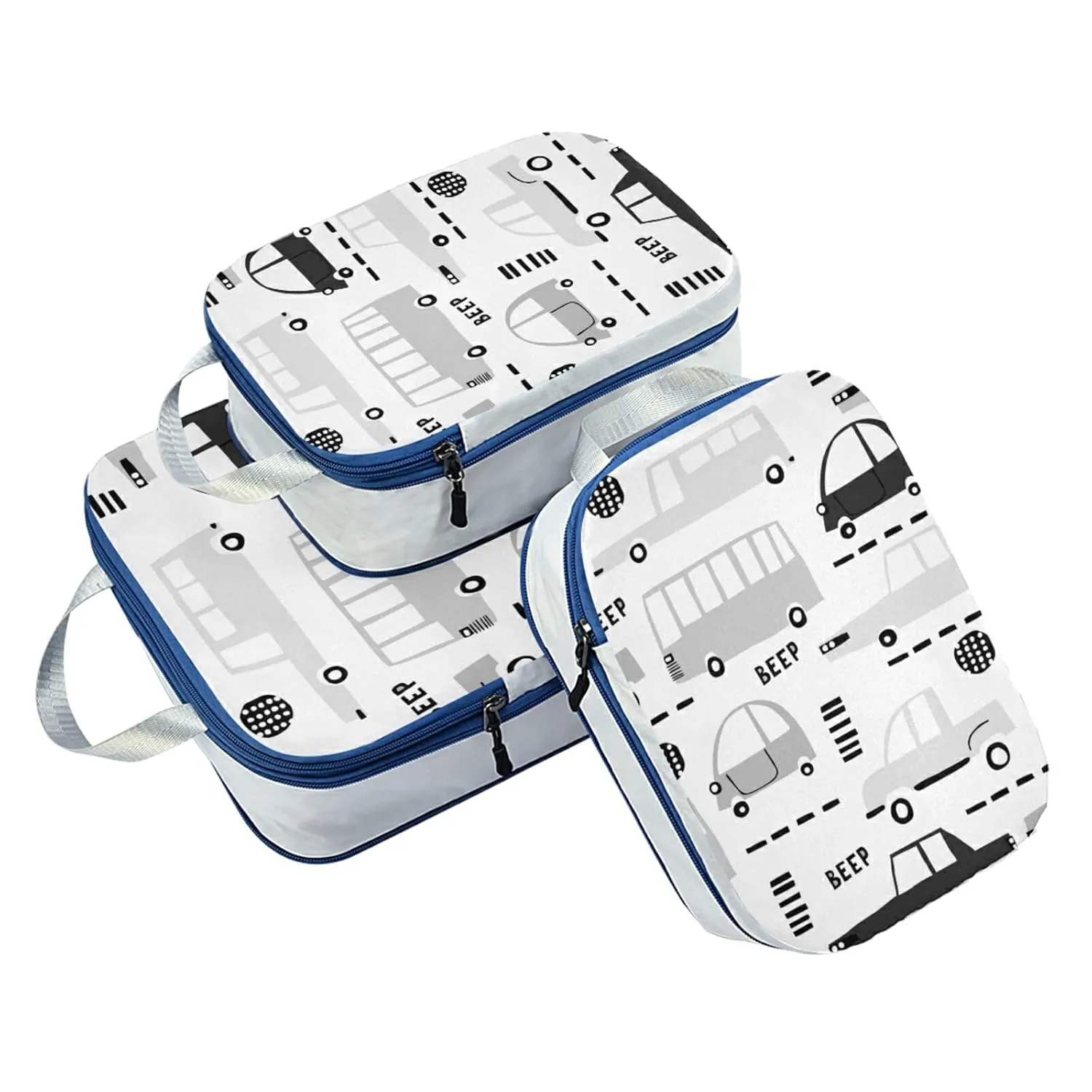 Seamless Black Cartoon Cars, Road Hatches, Zebra Crossing on White 3 Piece set Cubes Expandable Adjustable Luggage Packing Bags, Ultralight Organizer Accessories Travel Suitcase Compressible Bags