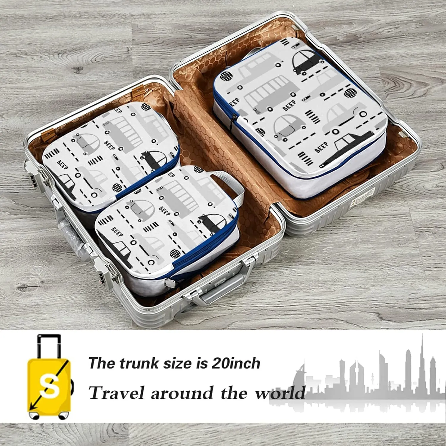 Seamless Black Cartoon Cars, Road Hatches, Zebra Crossing on White 3 Piece set Cubes Expandable Adjustable Luggage Packing Bags, Ultralight Organizer Accessories Travel Suitcase Compressible Bags