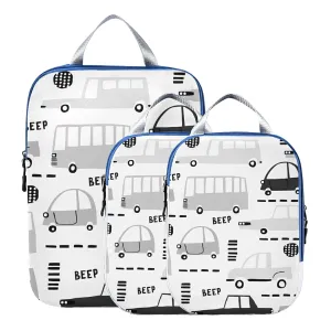 Seamless Black Cartoon Cars, Road Hatches, Zebra Crossing on White 3 Piece set Cubes Expandable Adjustable Luggage Packing Bags, Ultralight Organizer Accessories Travel Suitcase Compressible Bags
