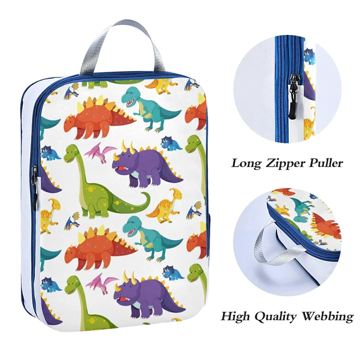 Seamless Colorful Dinosaurs on White 3 Piece set Cubes Expandable Adjustable Luggage Packing Bags, Ultralight Organizer Accessories Travel Suitcase Compressible Bags