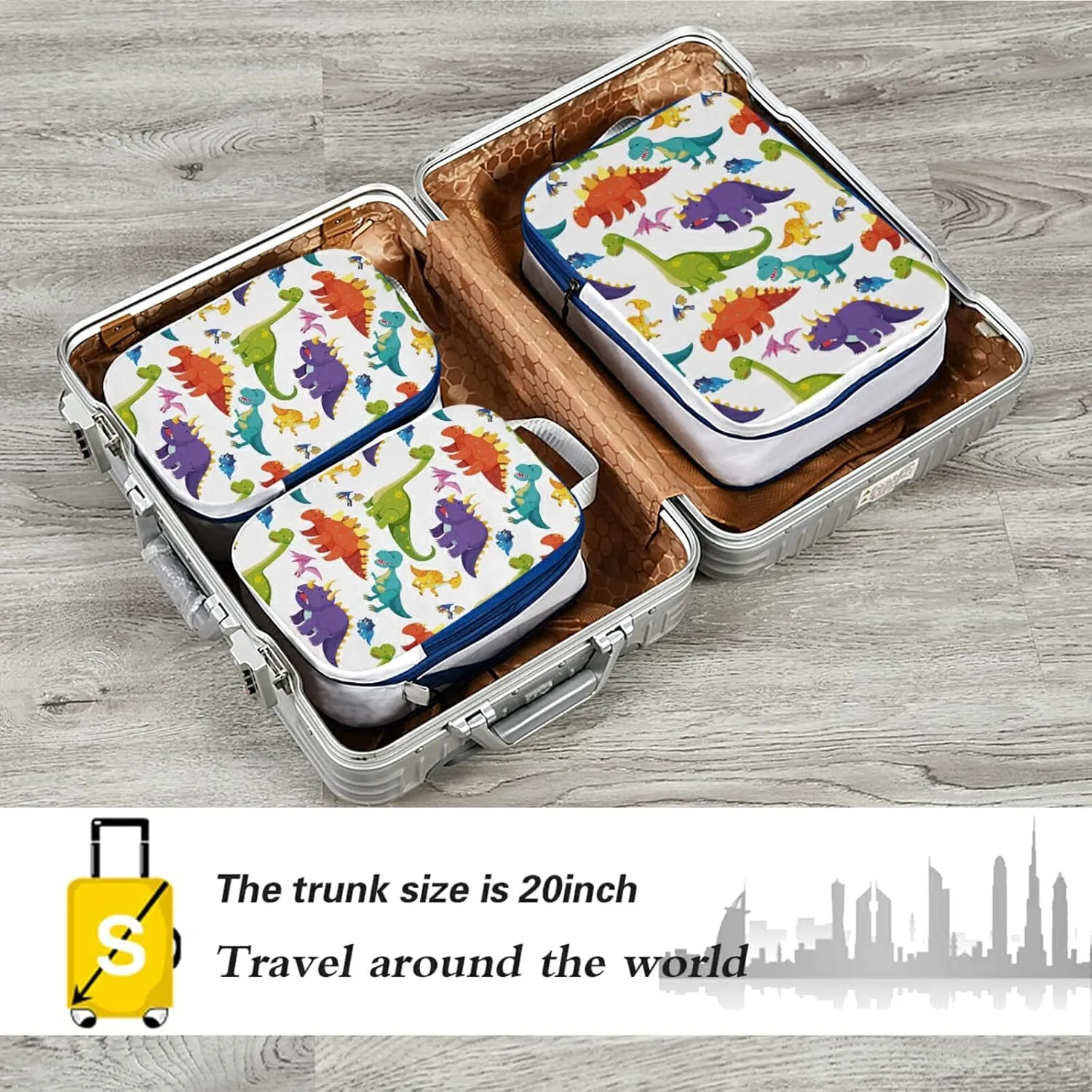 Seamless Colorful Dinosaurs on White 3 Piece set Cubes Expandable Adjustable Luggage Packing Bags, Ultralight Organizer Accessories Travel Suitcase Compressible Bags