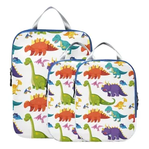 Seamless Colorful Dinosaurs on White 3 Piece set Cubes Expandable Adjustable Luggage Packing Bags, Ultralight Organizer Accessories Travel Suitcase Compressible Bags