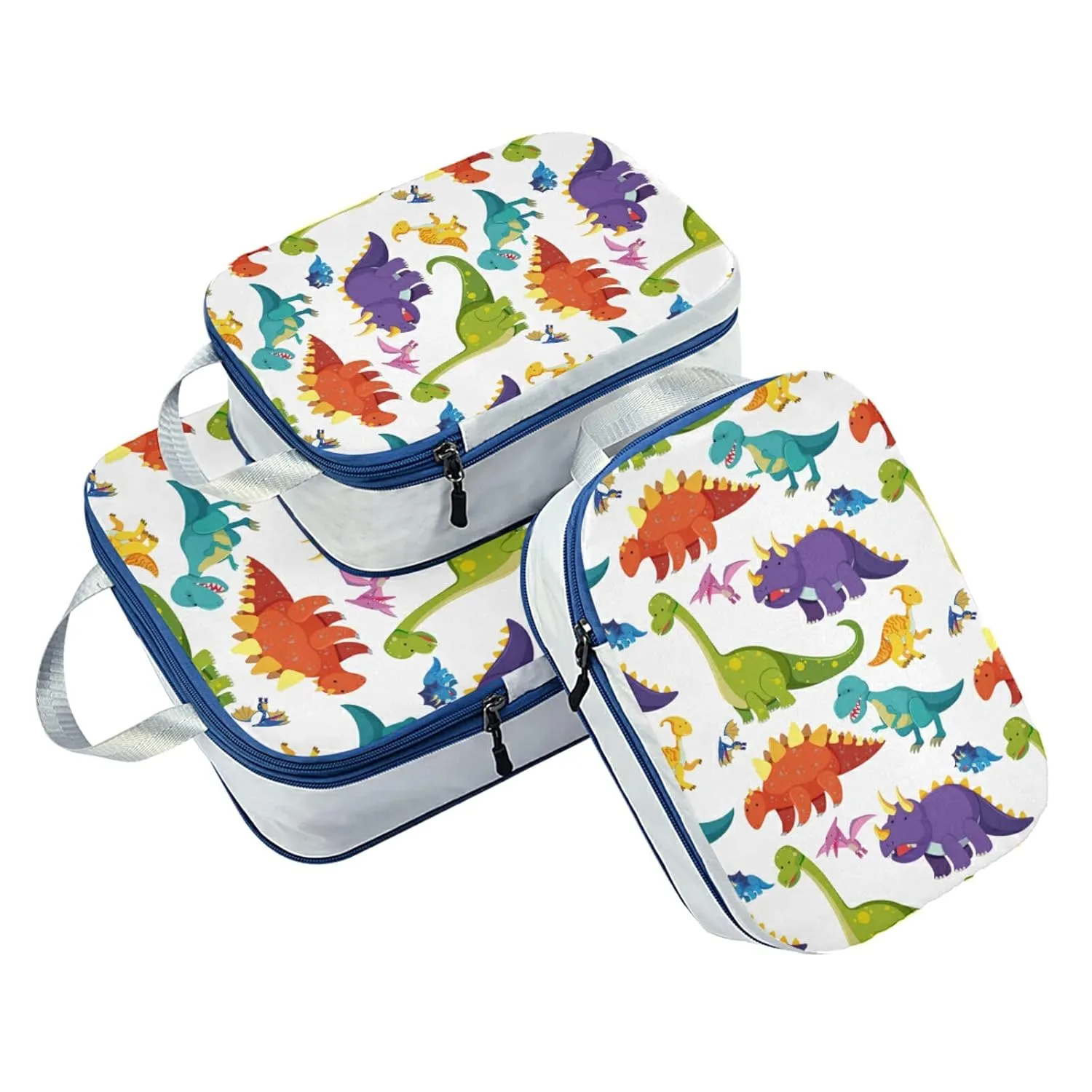 Seamless Colorful Dinosaurs on White 3 Piece set Cubes Expandable Adjustable Luggage Packing Bags, Ultralight Organizer Accessories Travel Suitcase Compressible Bags