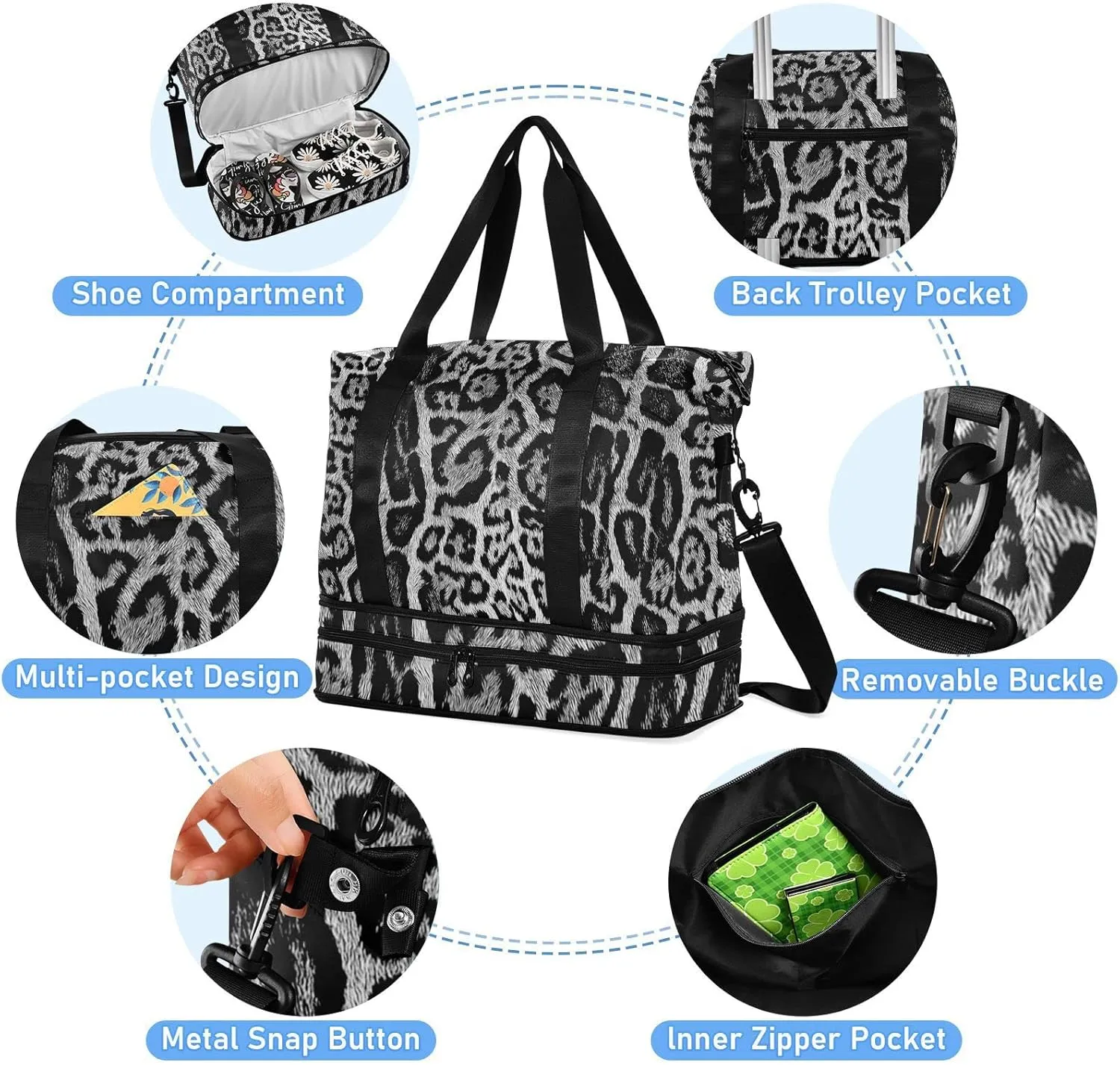 seamless Leopard Skin Giraffe Skin Animal Texture Gym Duffel Bag, Polyester Travel Weekender Luggage Handbag with Waterproof Pocket for Wet Items, Unisex Foldable Tote for Sports
