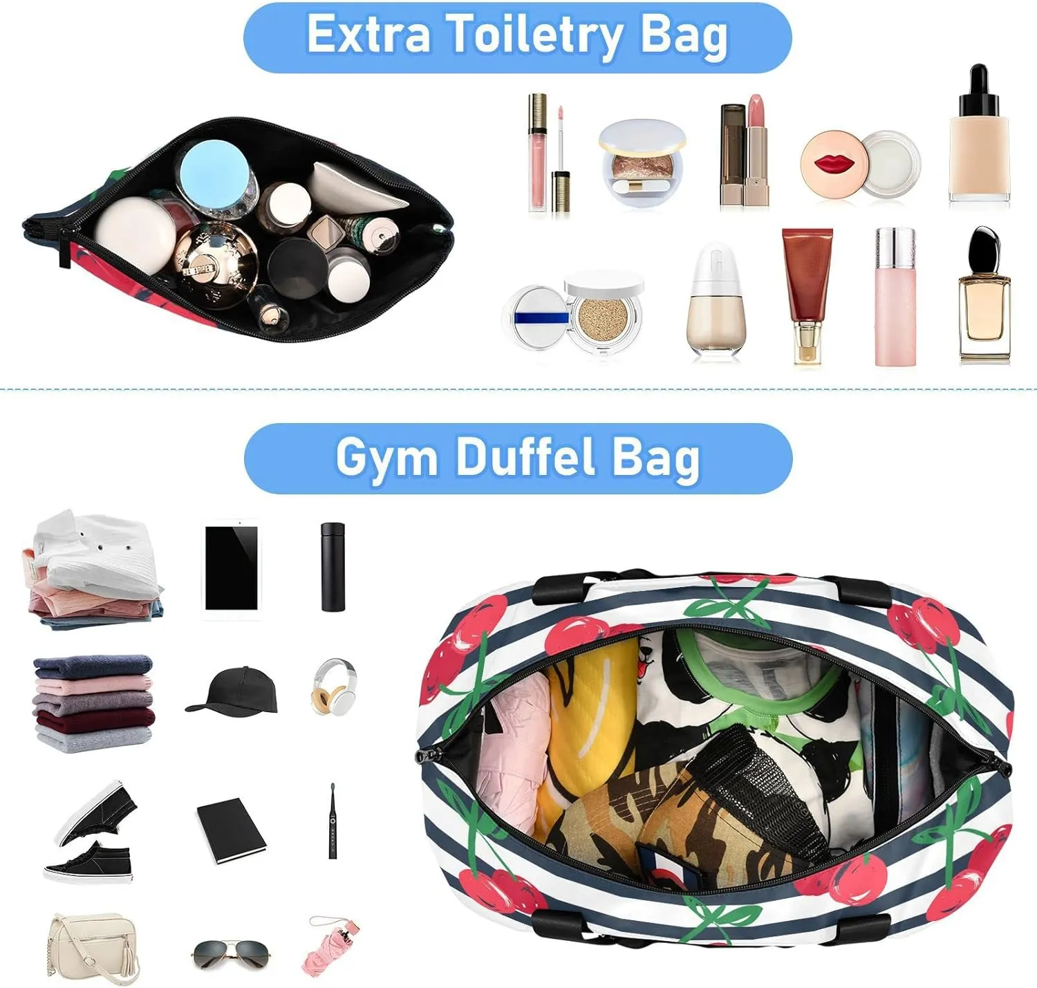 Seamless Red Cherries with Green Leaves on Black White Stripes Gym Duffel Bag, Polyester Travel Weekender Luggage Handbag with Waterproof Pocket for Wet Items, Unisex Foldable Tote for Sports