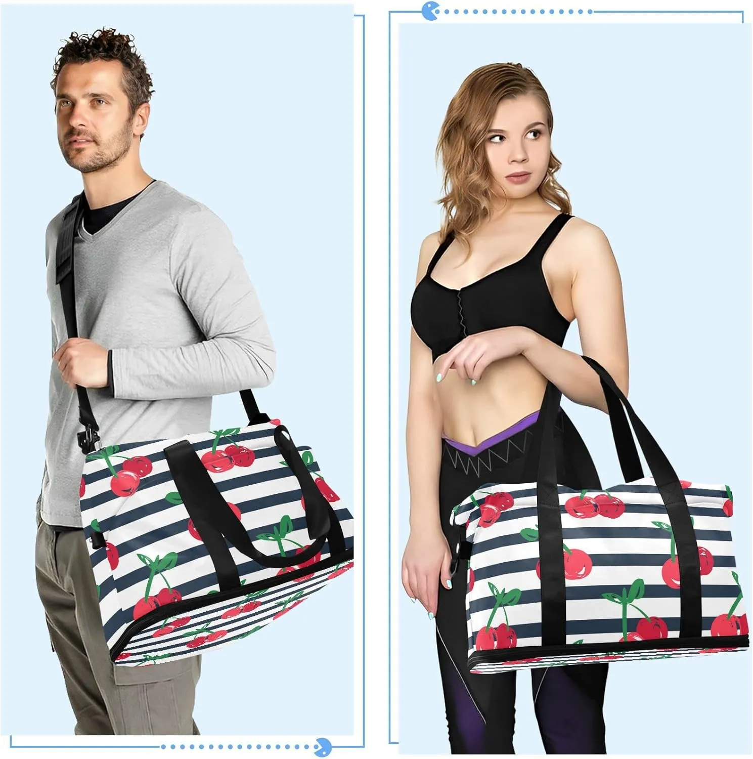 Seamless Red Cherries with Green Leaves on Black White Stripes Gym Duffel Bag, Polyester Travel Weekender Luggage Handbag with Waterproof Pocket for Wet Items, Unisex Foldable Tote for Sports