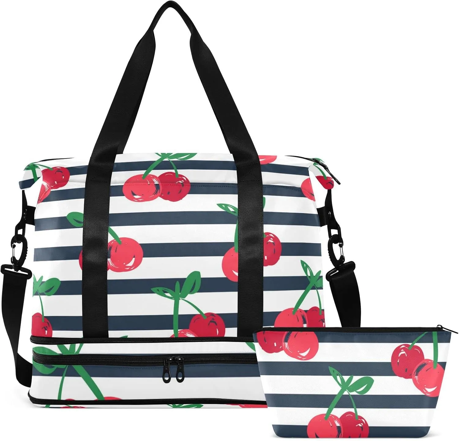 Seamless Red Cherries with Green Leaves on Black White Stripes Gym Duffel Bag, Polyester Travel Weekender Luggage Handbag with Waterproof Pocket for Wet Items, Unisex Foldable Tote for Sports