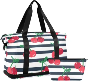Seamless Red Cherries with Green Leaves on Black White Stripes Gym Duffel Bag, Polyester Travel Weekender Luggage Handbag with Waterproof Pocket for Wet Items, Unisex Foldable Tote for Sports