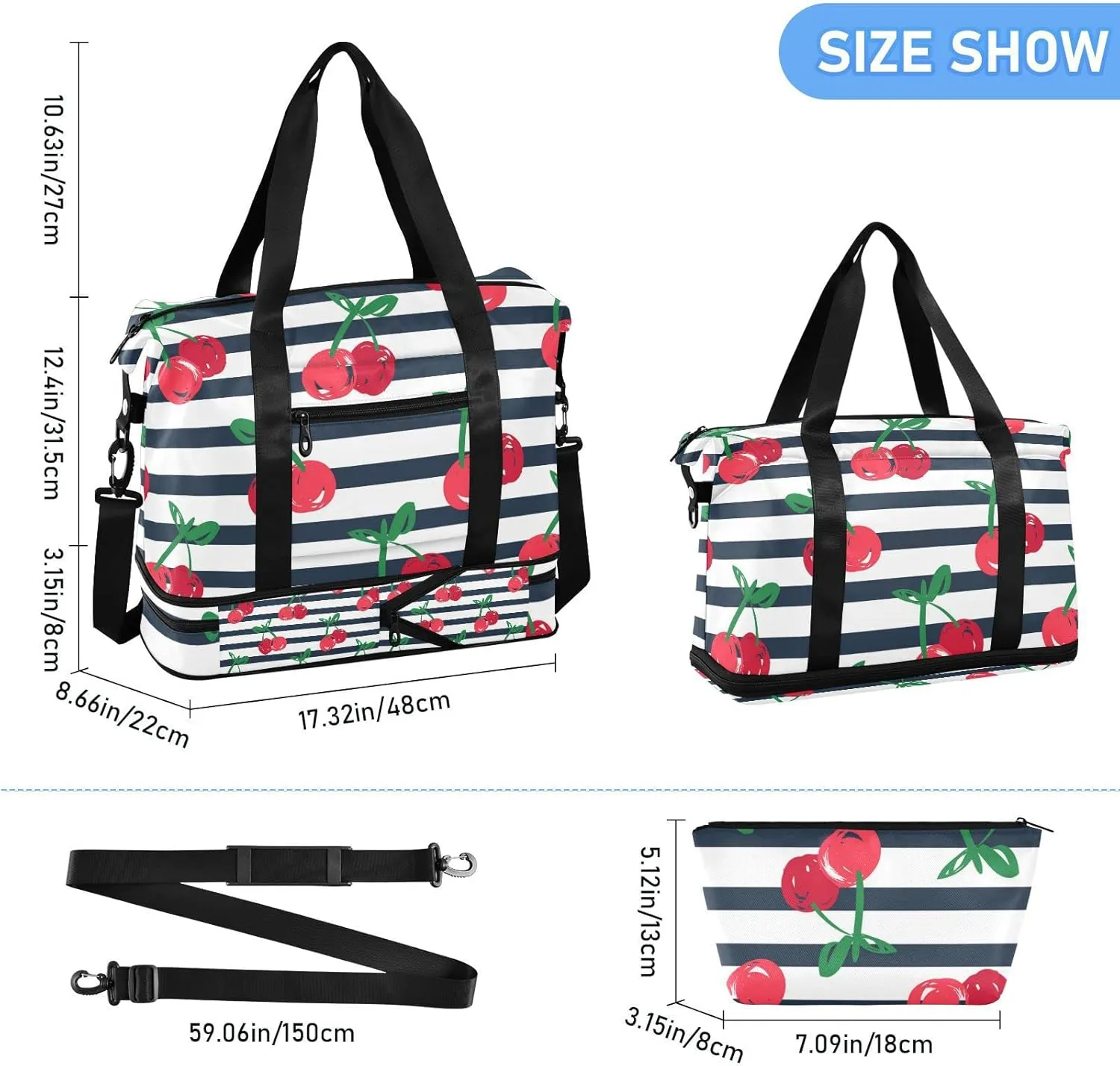 Seamless Red Cherries with Green Leaves on Black White Stripes Gym Duffel Bag, Polyester Travel Weekender Luggage Handbag with Waterproof Pocket for Wet Items, Unisex Foldable Tote for Sports