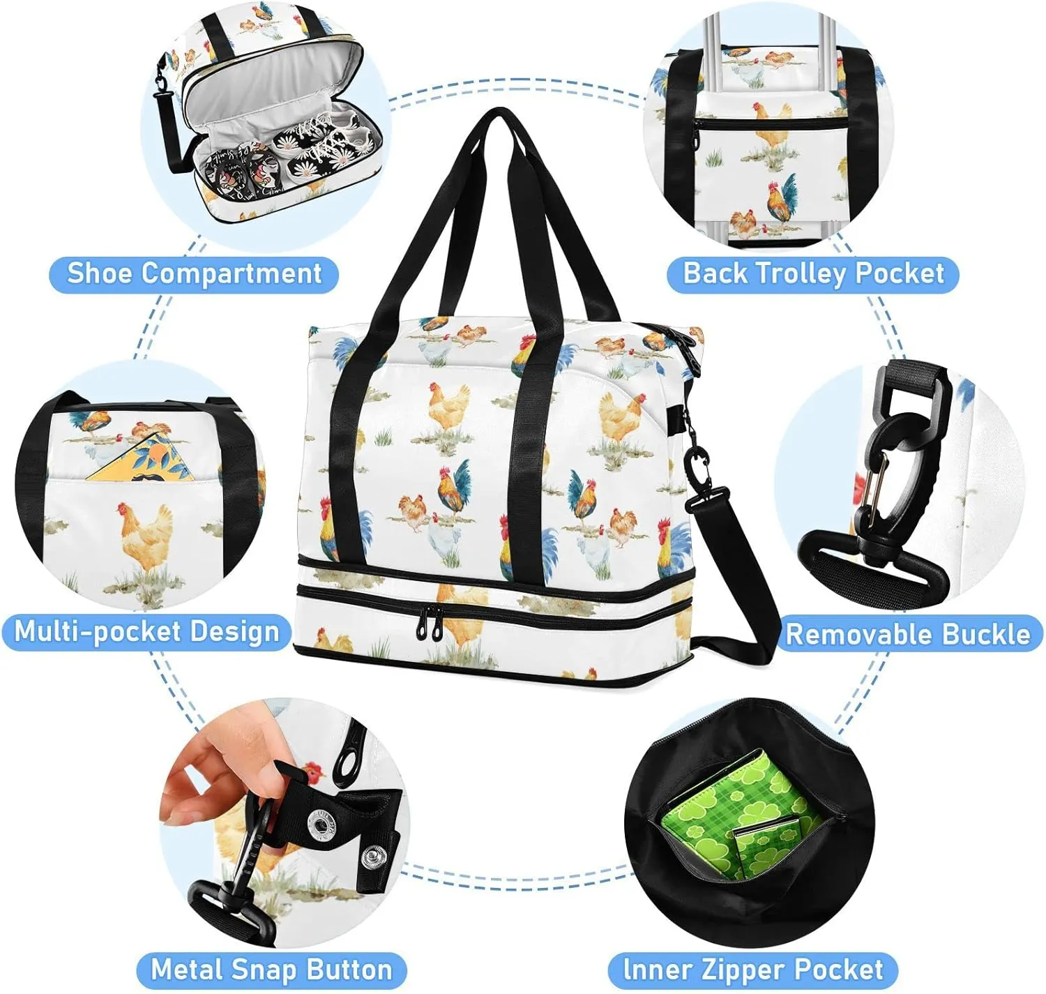 Seamless Watercolor Chickens Roosters Farm Birds on White Gym Duffel Bag, Polyester Travel Weekender Luggage Handbag with Waterproof Pocket for Wet Items, Unisex Foldable Tote for Sports