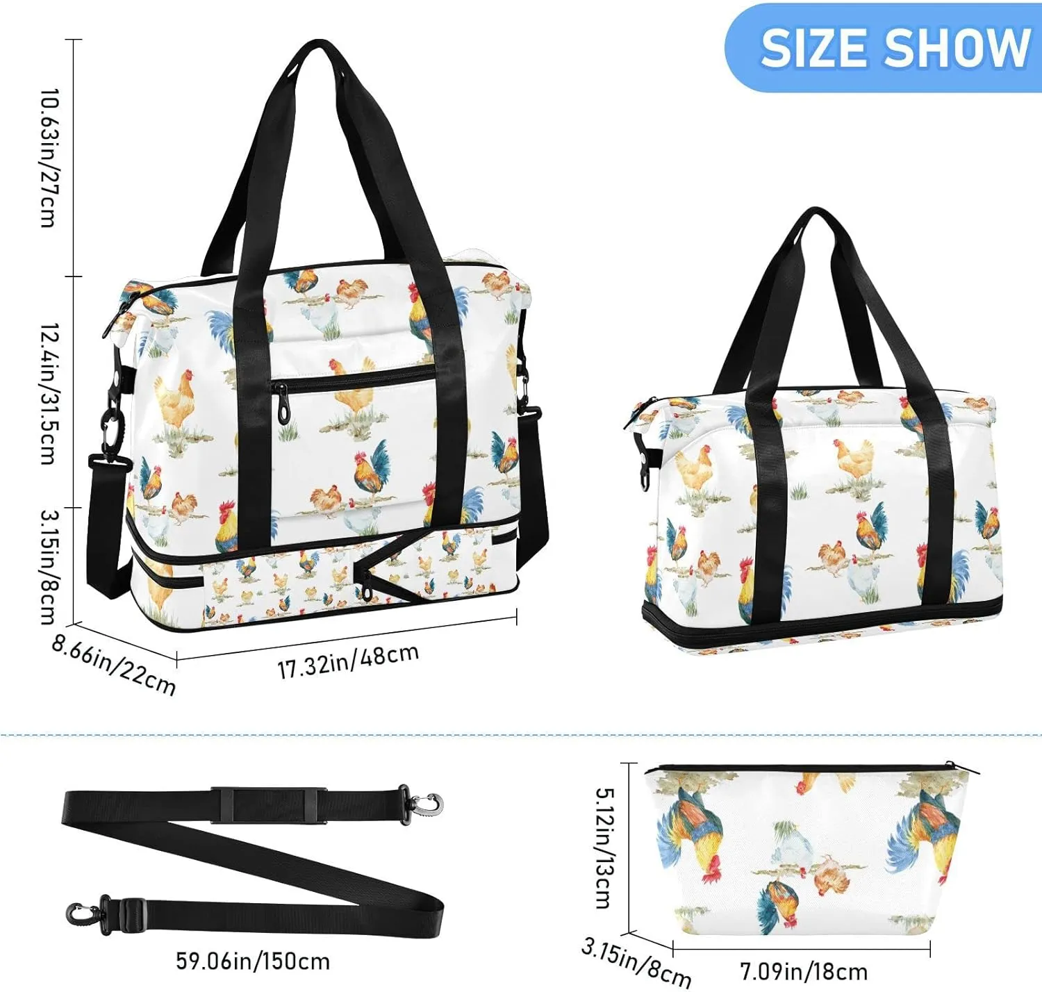 Seamless Watercolor Chickens Roosters Farm Birds on White Gym Duffel Bag, Polyester Travel Weekender Luggage Handbag with Waterproof Pocket for Wet Items, Unisex Foldable Tote for Sports