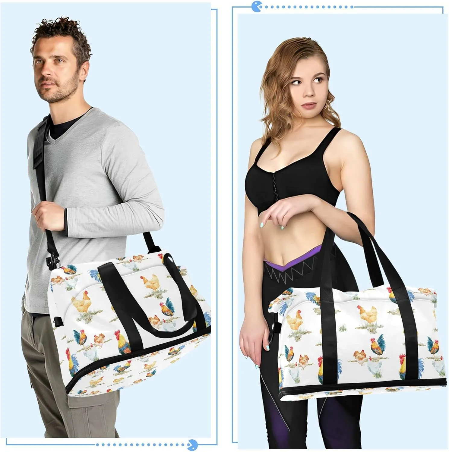 Seamless Watercolor Chickens Roosters Farm Birds on White Gym Duffel Bag, Polyester Travel Weekender Luggage Handbag with Waterproof Pocket for Wet Items, Unisex Foldable Tote for Sports