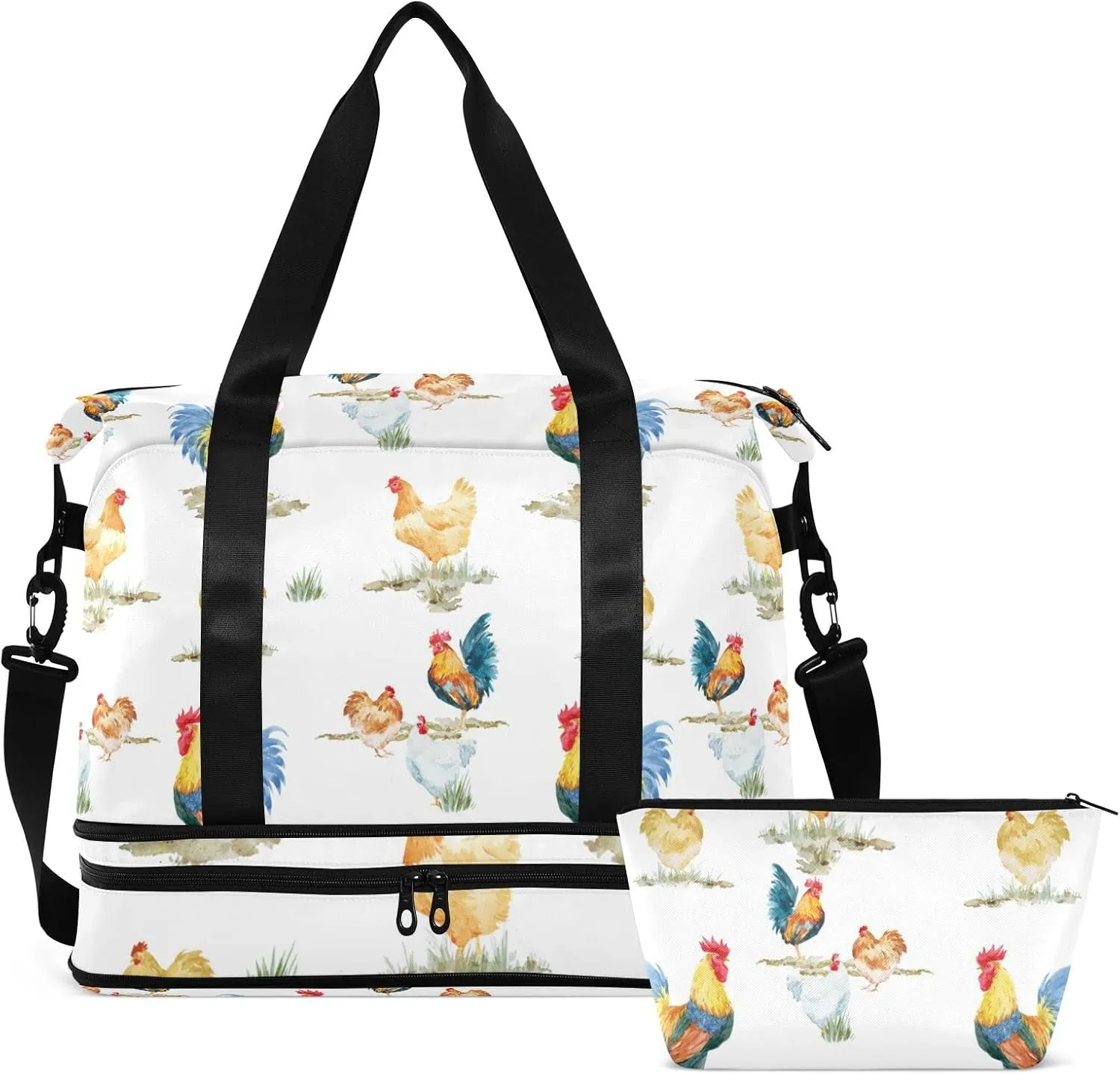 Seamless Watercolor Chickens Roosters Farm Birds on White Gym Duffel Bag, Polyester Travel Weekender Luggage Handbag with Waterproof Pocket for Wet Items, Unisex Foldable Tote for Sports