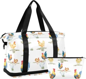Seamless Watercolor Chickens Roosters Farm Birds on White Gym Duffel Bag, Polyester Travel Weekender Luggage Handbag with Waterproof Pocket for Wet Items, Unisex Foldable Tote for Sports
