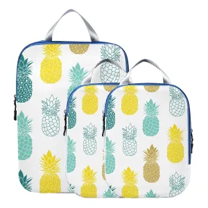 Seamless Yellow Turquoise Teal Green White Pineapples on White 3 Piece set Cubes Expandable Adjustable Luggage Packing Bags, Ultralight Organizer Accessories Travel Suitcase Compressible Bags