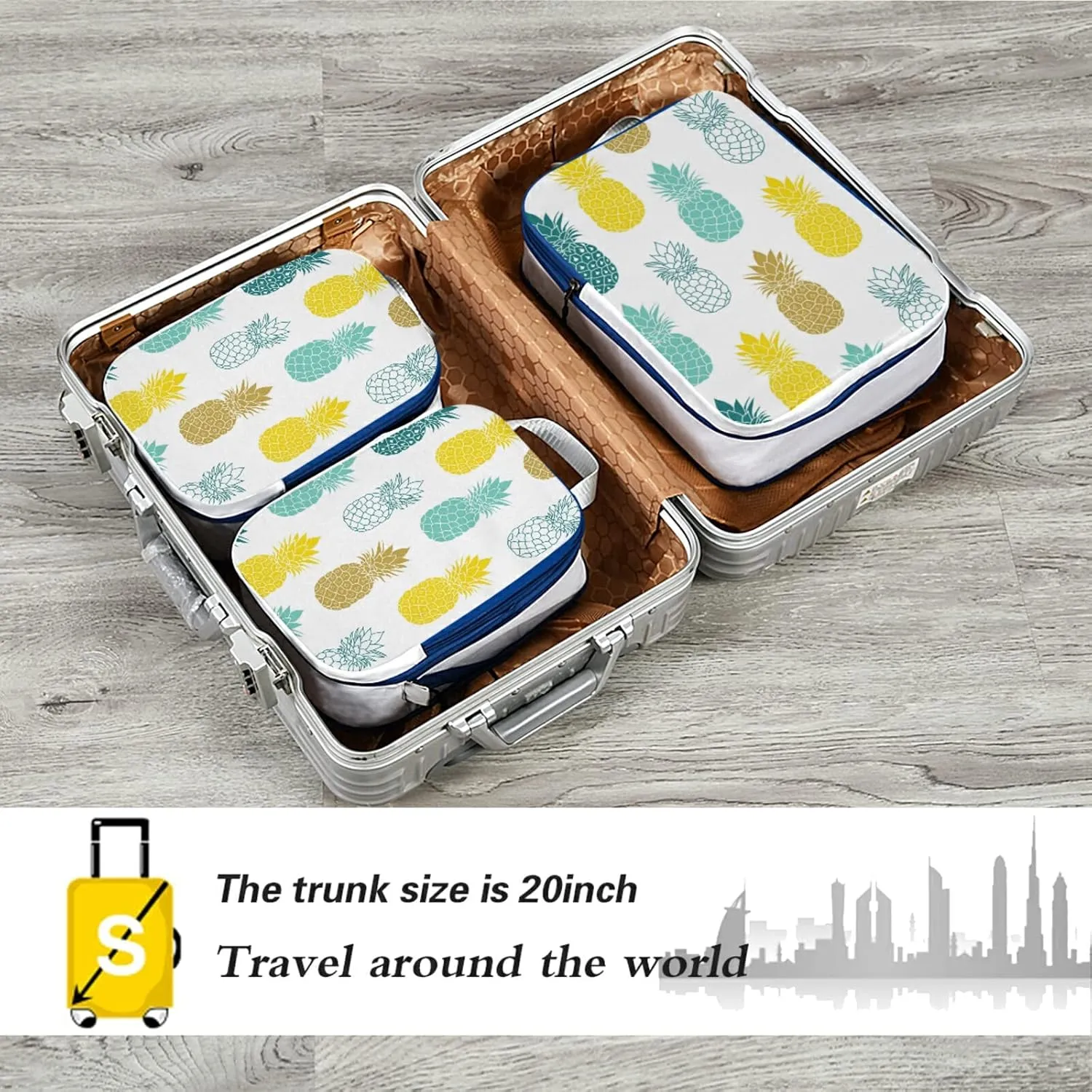 Seamless Yellow Turquoise Teal Green White Pineapples on White 3 Piece set Cubes Expandable Adjustable Luggage Packing Bags, Ultralight Organizer Accessories Travel Suitcase Compressible Bags