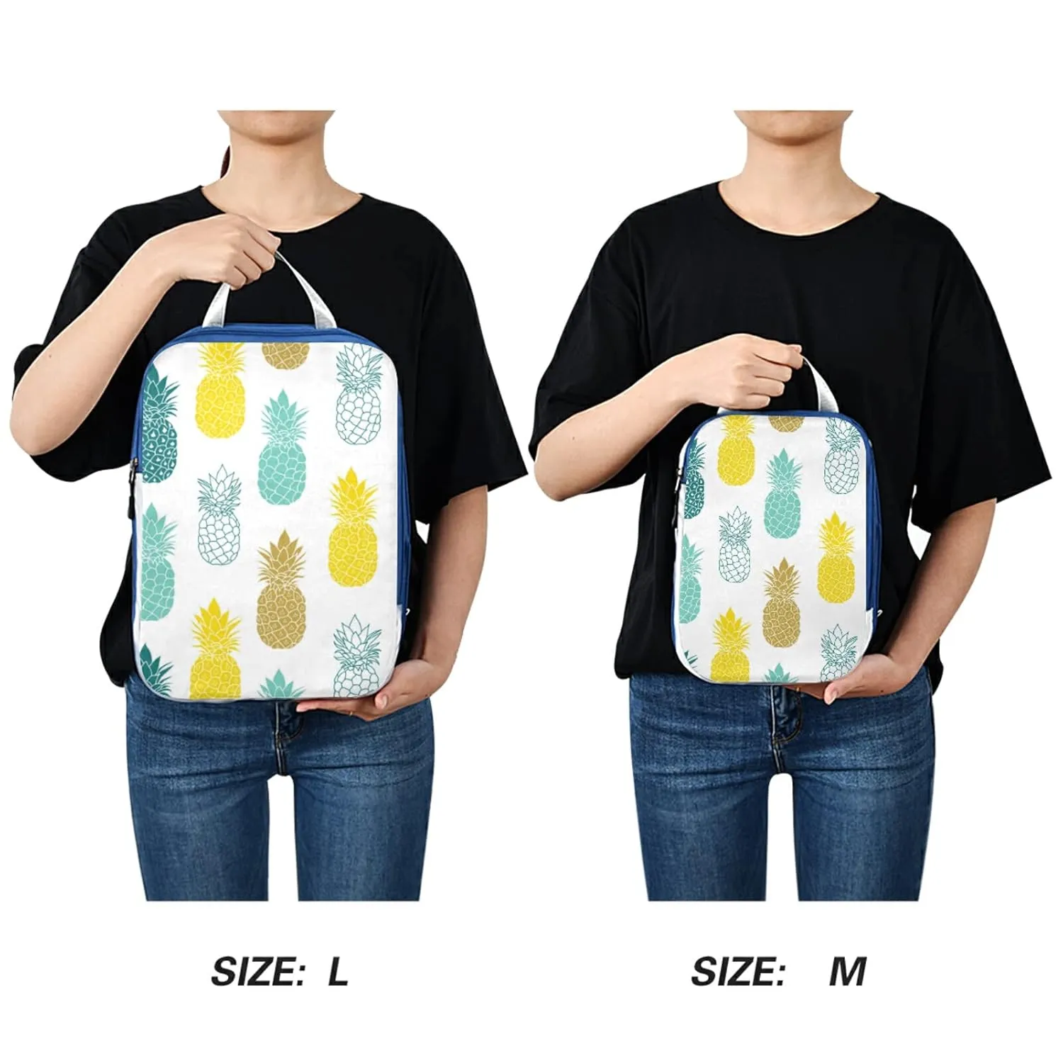 Seamless Yellow Turquoise Teal Green White Pineapples on White 3 Piece set Cubes Expandable Adjustable Luggage Packing Bags, Ultralight Organizer Accessories Travel Suitcase Compressible Bags