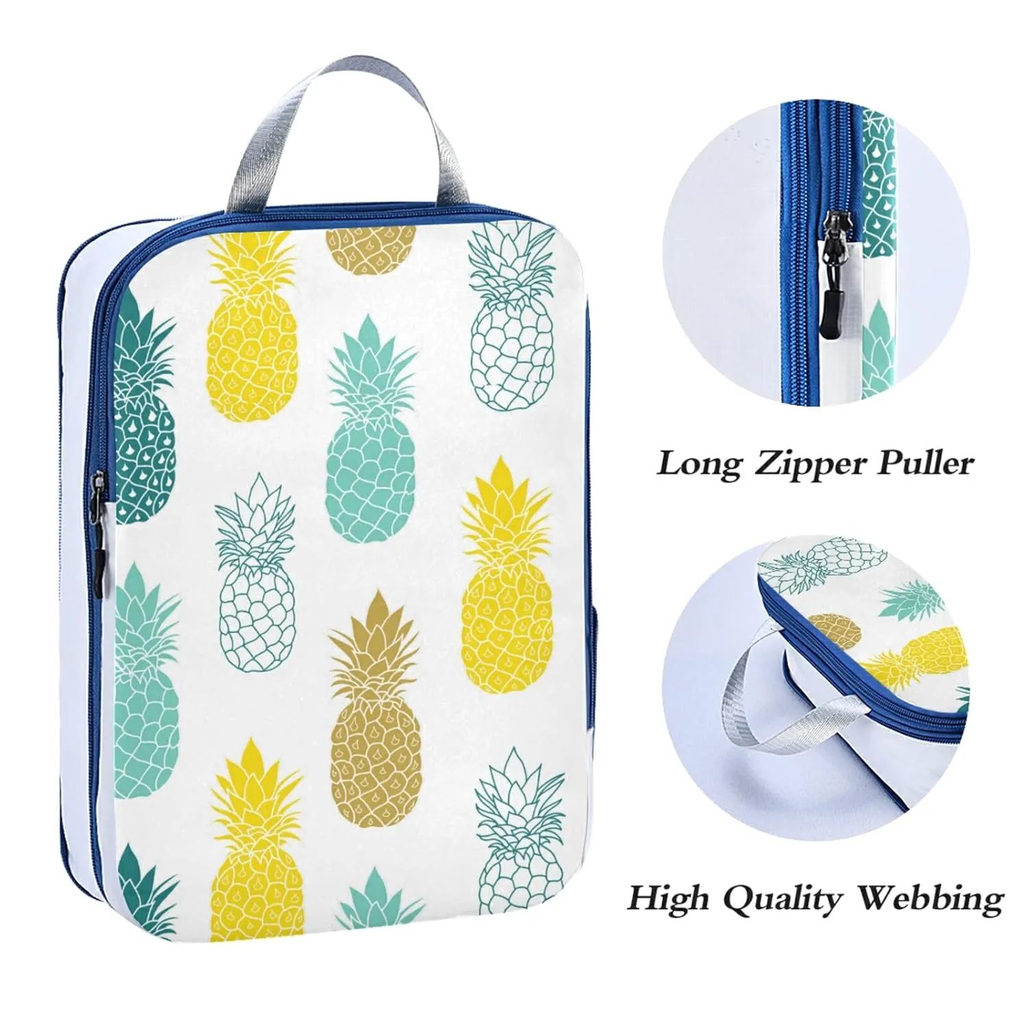 Seamless Yellow Turquoise Teal Green White Pineapples on White 3 Piece set Cubes Expandable Adjustable Luggage Packing Bags, Ultralight Organizer Accessories Travel Suitcase Compressible Bags