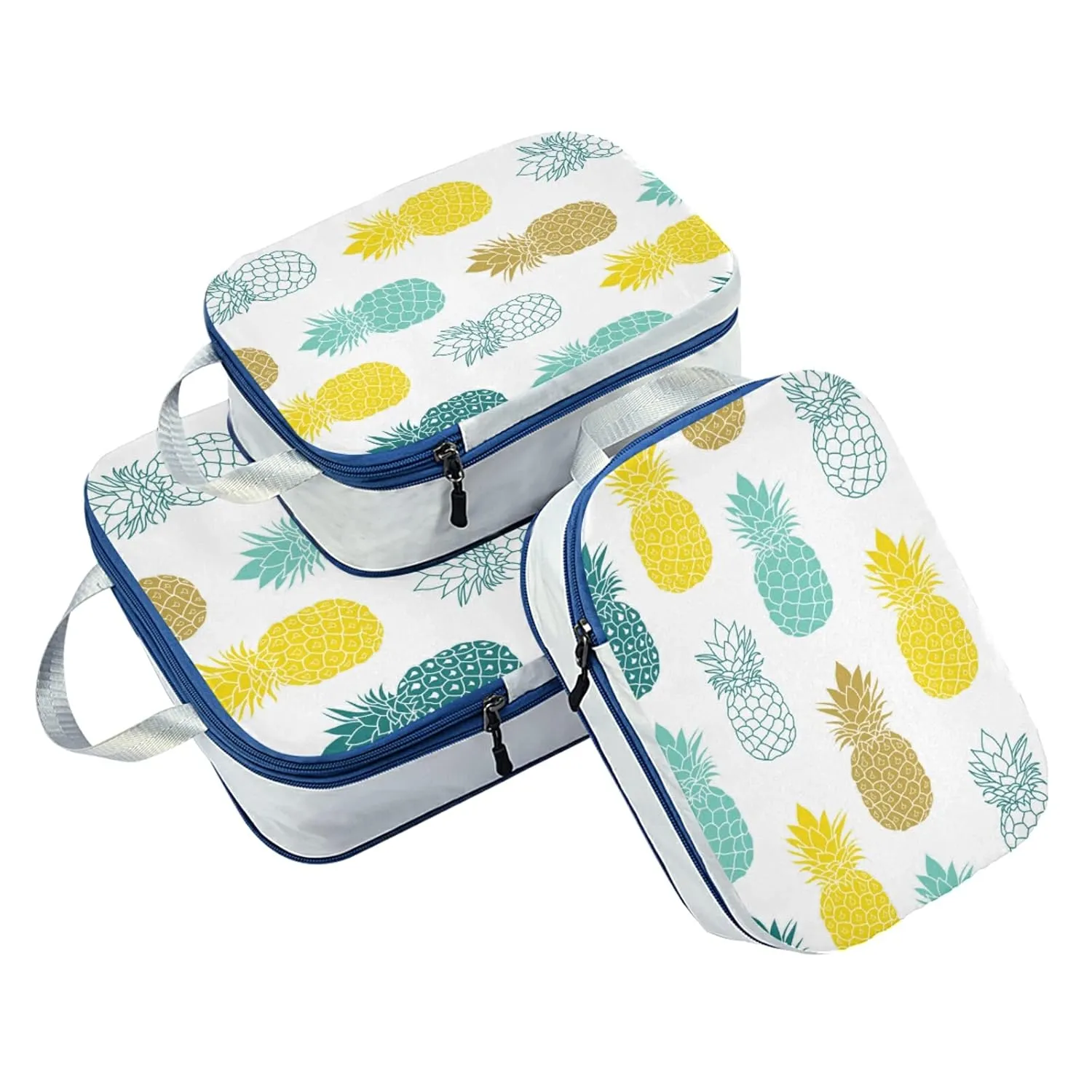 Seamless Yellow Turquoise Teal Green White Pineapples on White 3 Piece set Cubes Expandable Adjustable Luggage Packing Bags, Ultralight Organizer Accessories Travel Suitcase Compressible Bags