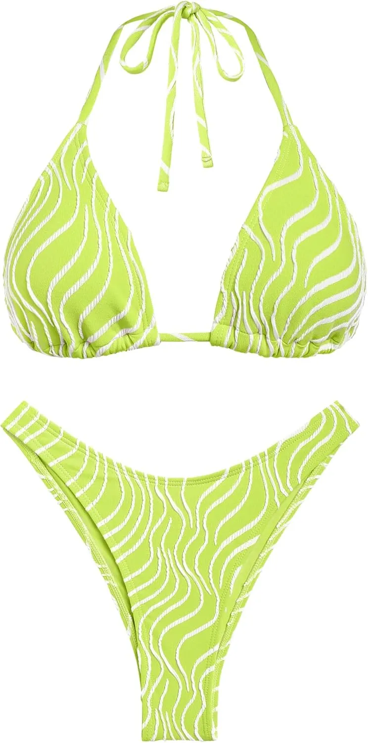 seamoly Women's Bikini Set Halter Two Piece Swimsuit Striped Tie Back High Cut Sexy Thong Bathing Suit