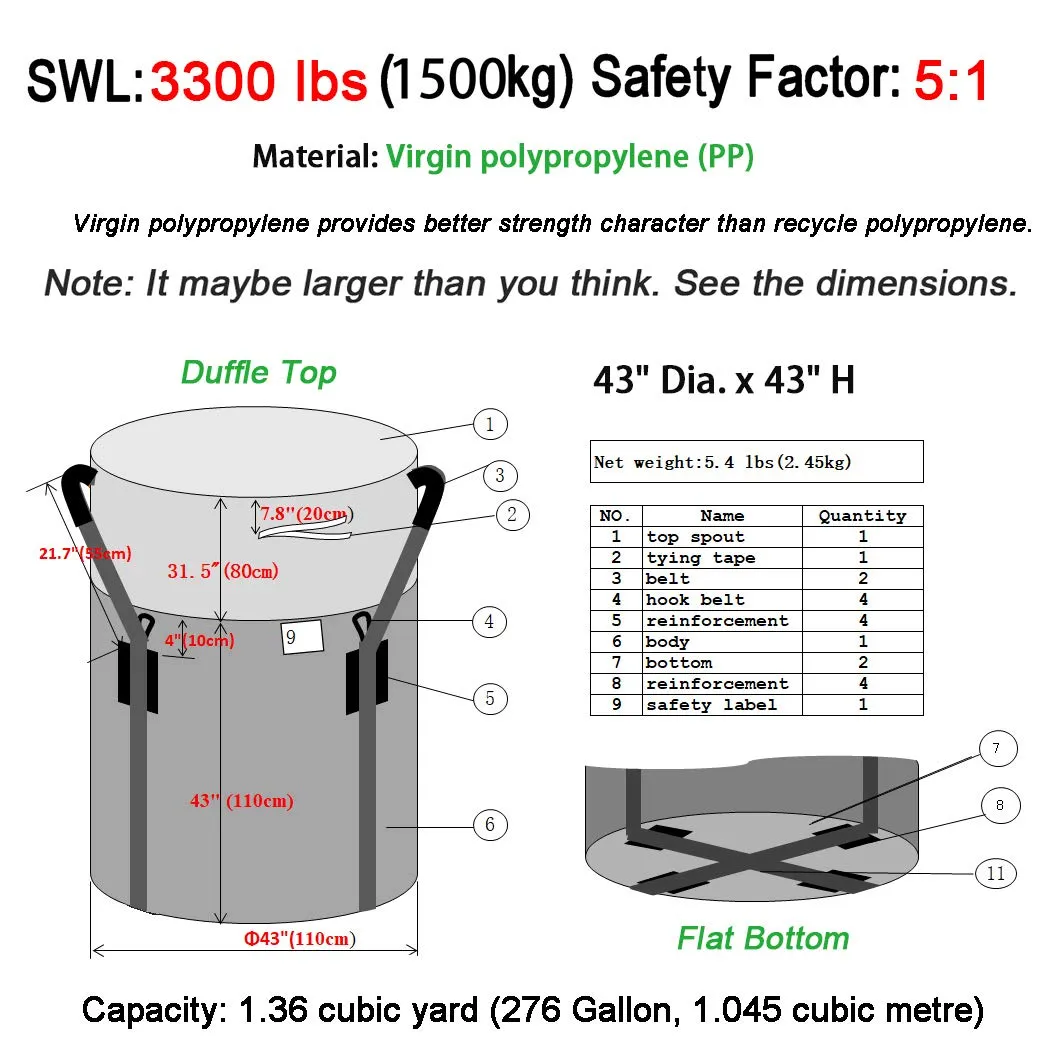 Secbolt FIBC Bulk Bag, Anti-UV 3 Years, 3300lbs 1.5 ton SWL @ Safty Factor 5:1, 43" Dia. x 43" H Tubular Bag, Duffle Top, Flat Bottom, Woven Polypropylene PP Bags, 1 One Ton Bag