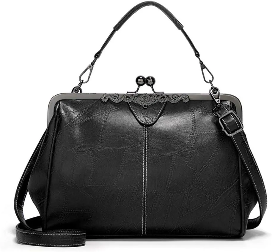 Segater® Women Retro Hollow Oil Wax PU Leather Handbag Kiss Lock Crossbody Purse Vintage Messenger Bag Tote