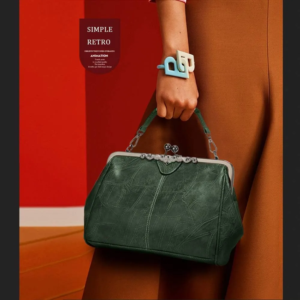 Segater® Women Retro Hollow Oil Wax PU Leather Handbag Kiss Lock Crossbody Purse Vintage Messenger Bag Tote