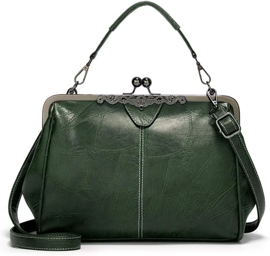Segater® Women Retro Hollow Oil Wax PU Leather Handbag Kiss Lock Crossbody Purse Vintage Messenger Bag Tote