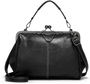 Segater® Women Retro Hollow Oil Wax PU Leather Handbag Kiss Lock Crossbody Purse Vintage Messenger Bag Tote