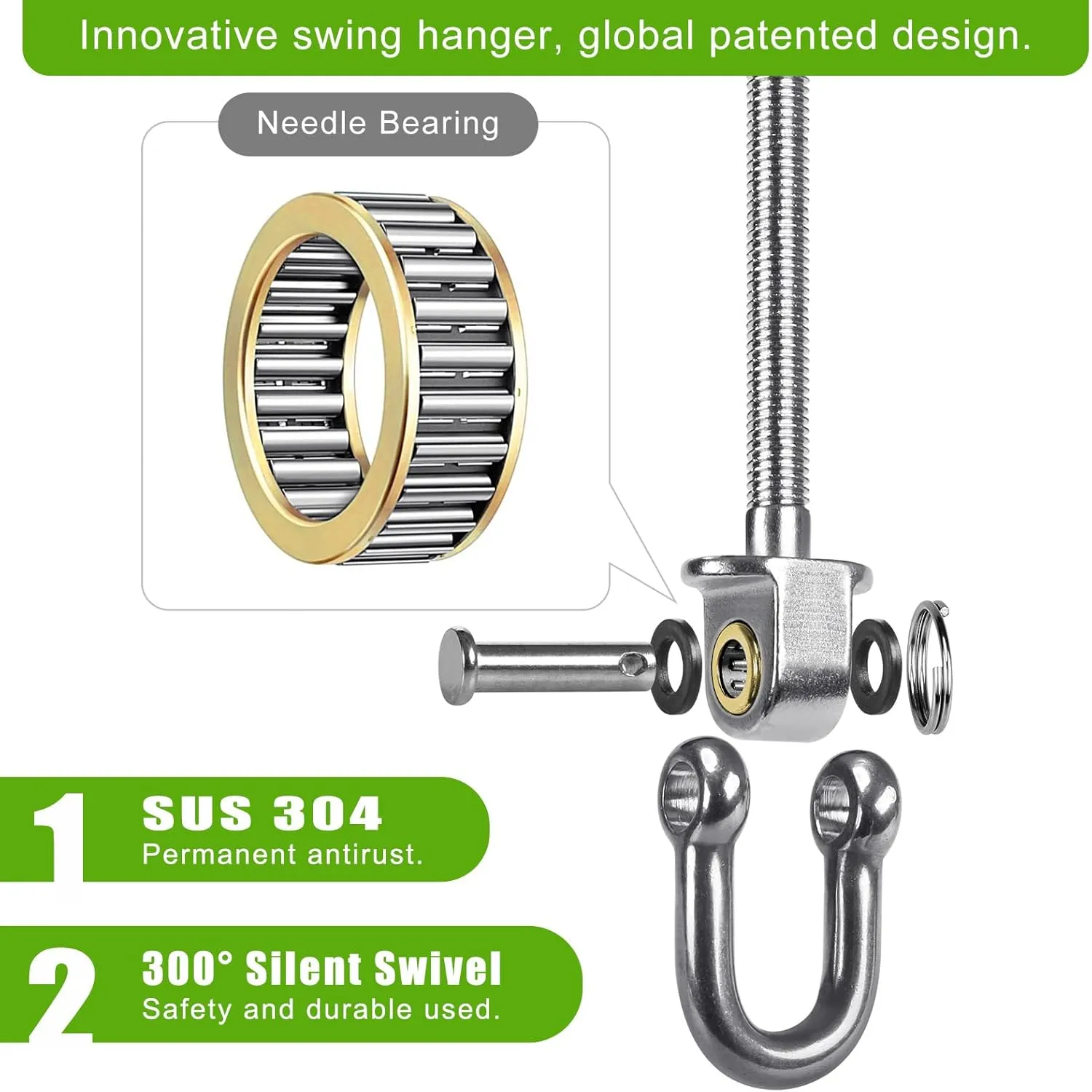 SELEWARE Heavy Duty Stainless Steel Swing Hangers with Bearings (Set of 2), Swing Bolts M10 x 9", 1800LB Capacity for Wood & Steel Beams, Yoga Hammock, Porch Swing