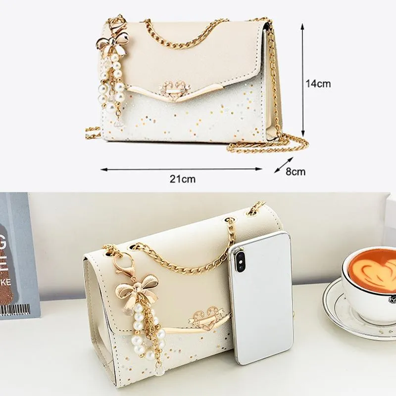 Sequined Messenger Shoulder Bag For Women Beige