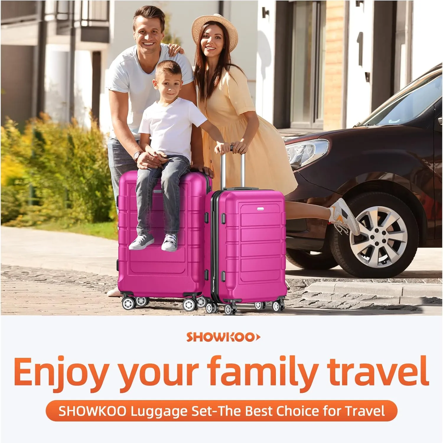 SHOWKOO Luggage Sets Expandable PC ABS Durable Suitcase Sets Double Wheels TSA Lock Megenta 3pcs