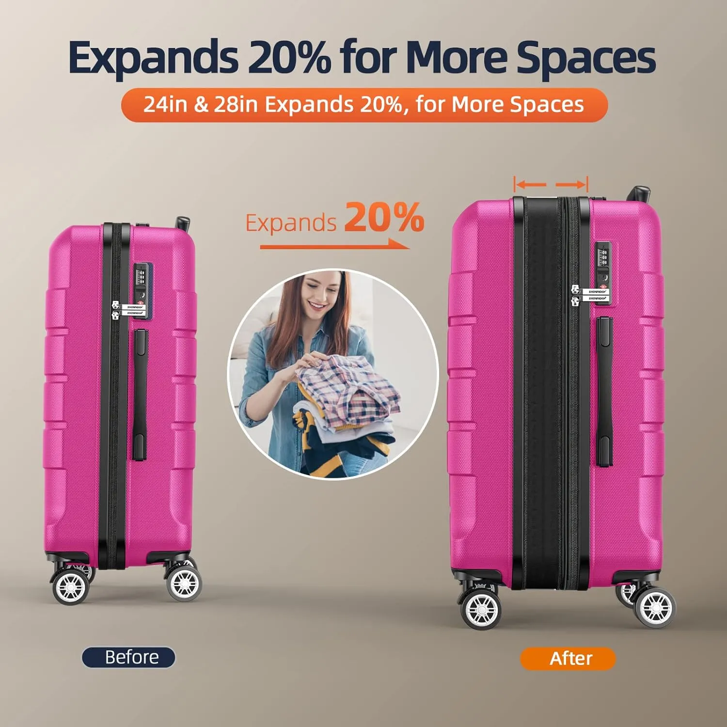SHOWKOO Luggage Sets Expandable PC ABS Durable Suitcase Sets Double Wheels TSA Lock Megenta 3pcs