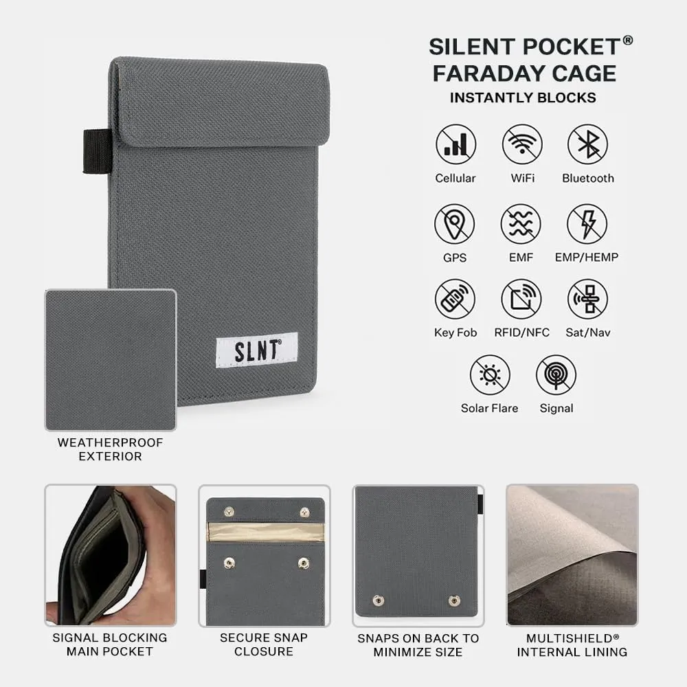 Silent Pocket Faraday Cage Key Fob Holder, Charcoal Grey, 4.3" x 3.5" x 0.5"